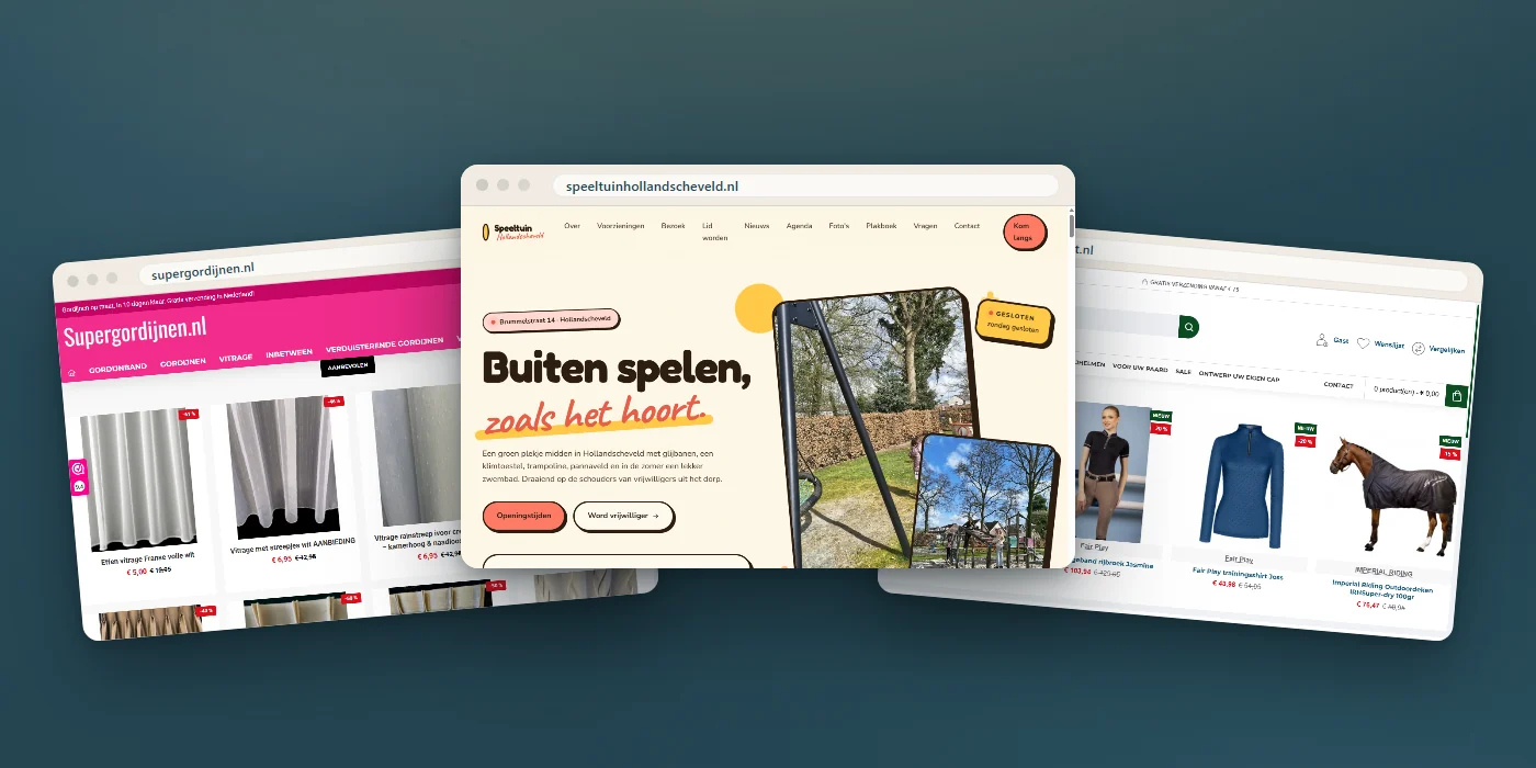 Drie door Beeldsensatie gemaakte klantwebsites naast elkaar in nette browservensters, als voorbeeld van ons werk.
