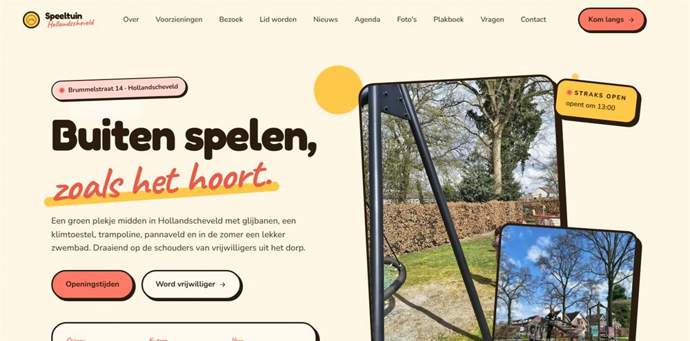 Screenshot van de homepage van Speeltuin Hollandscheveld, met de tekst 'Buiten spelen, zoals het hoort' en foto's van de speeltoestellen.